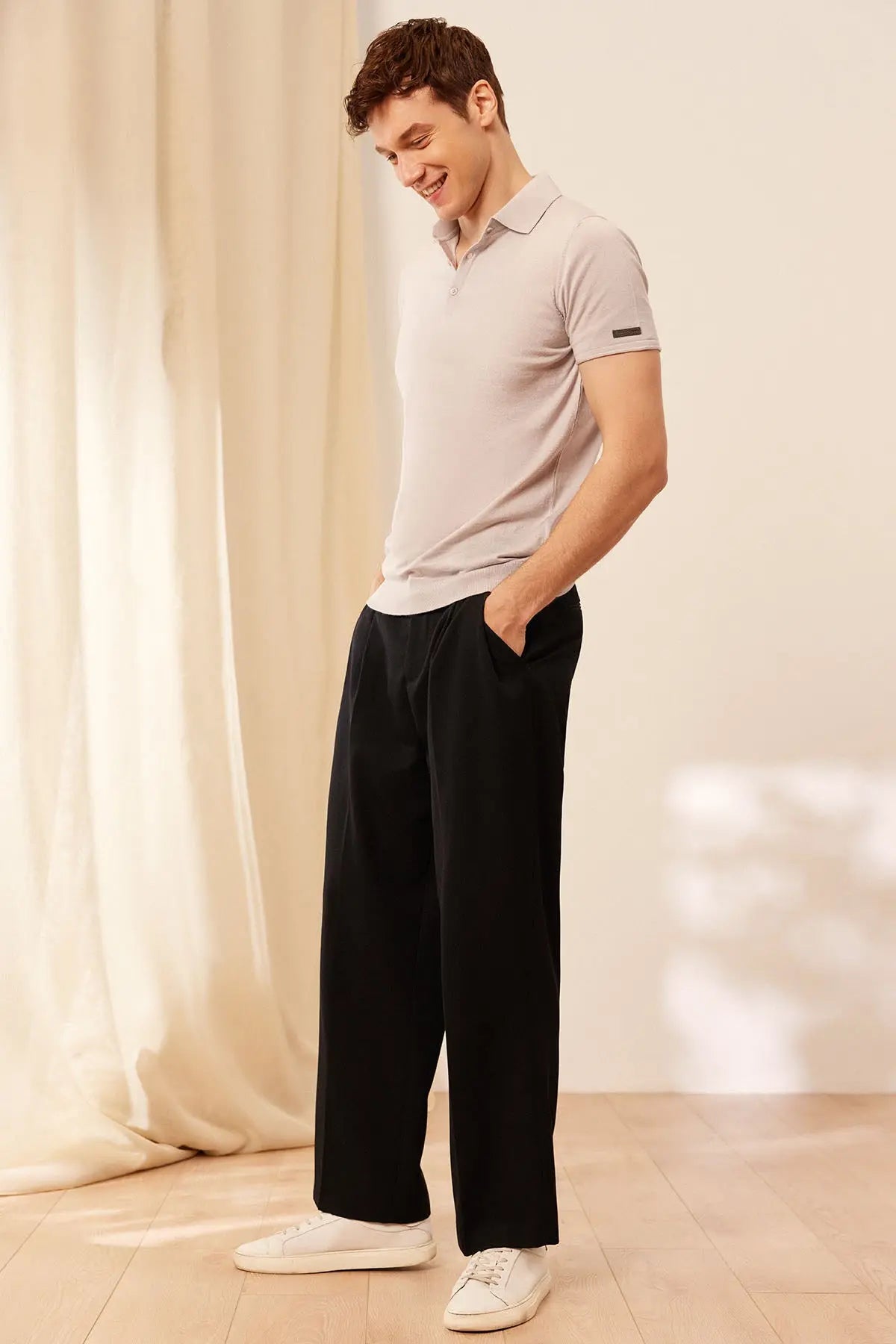 Açık Gri İpek Pamuk Polo Yaka Kısa Kollu Quentin Erkek Triko Tişört Silk and Cashmere