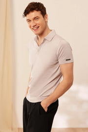 Açık Gri İpek Pamuk Polo Yaka Kısa Kollu Quentin Erkek Triko Tişört Silk and Cashmere