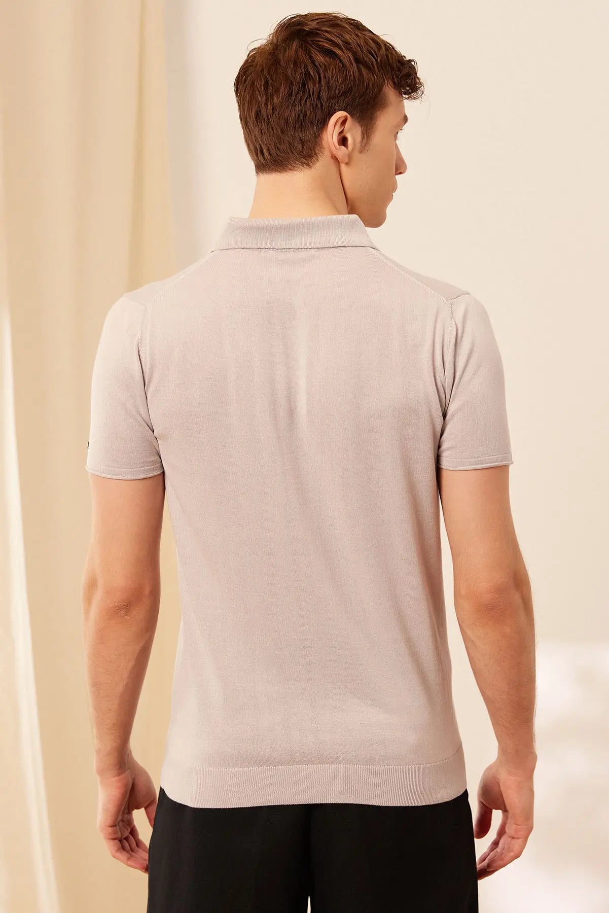 Açık Gri İpek Pamuk Polo Yaka Kısa Kollu Quentin Erkek Triko Tişört Silk and Cashmere