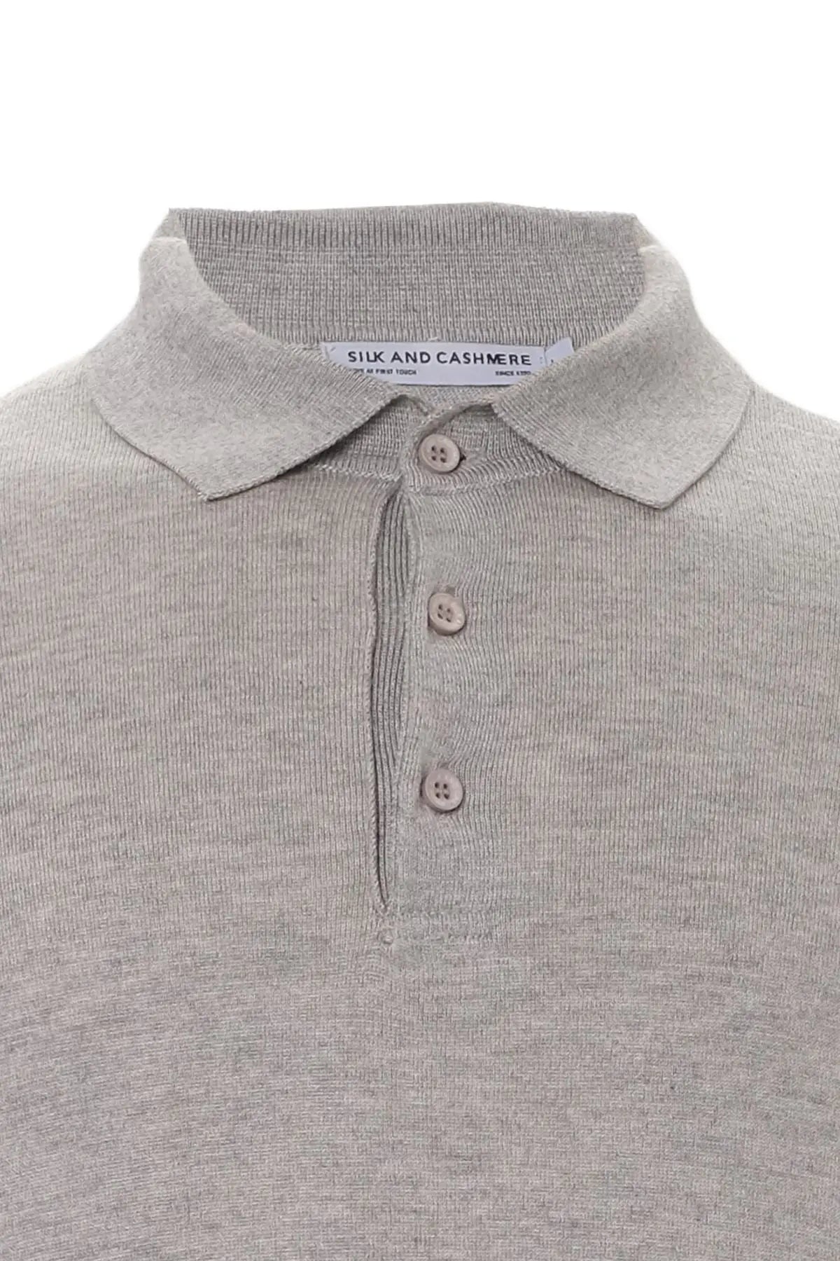 Açık Gri İpek ve Kaşmir Polo Yaka Uzun Kollu Utku Erkek Triko Silk and Cashmere