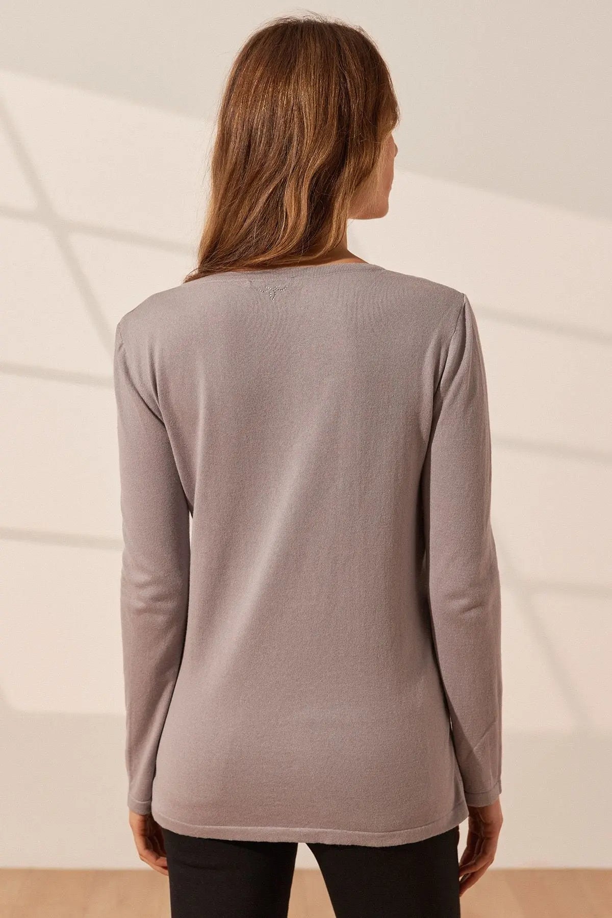 Açık Gri İpekli Monica V Yaka Uzun Kollu Kadın Bluz Silk and Cashmere