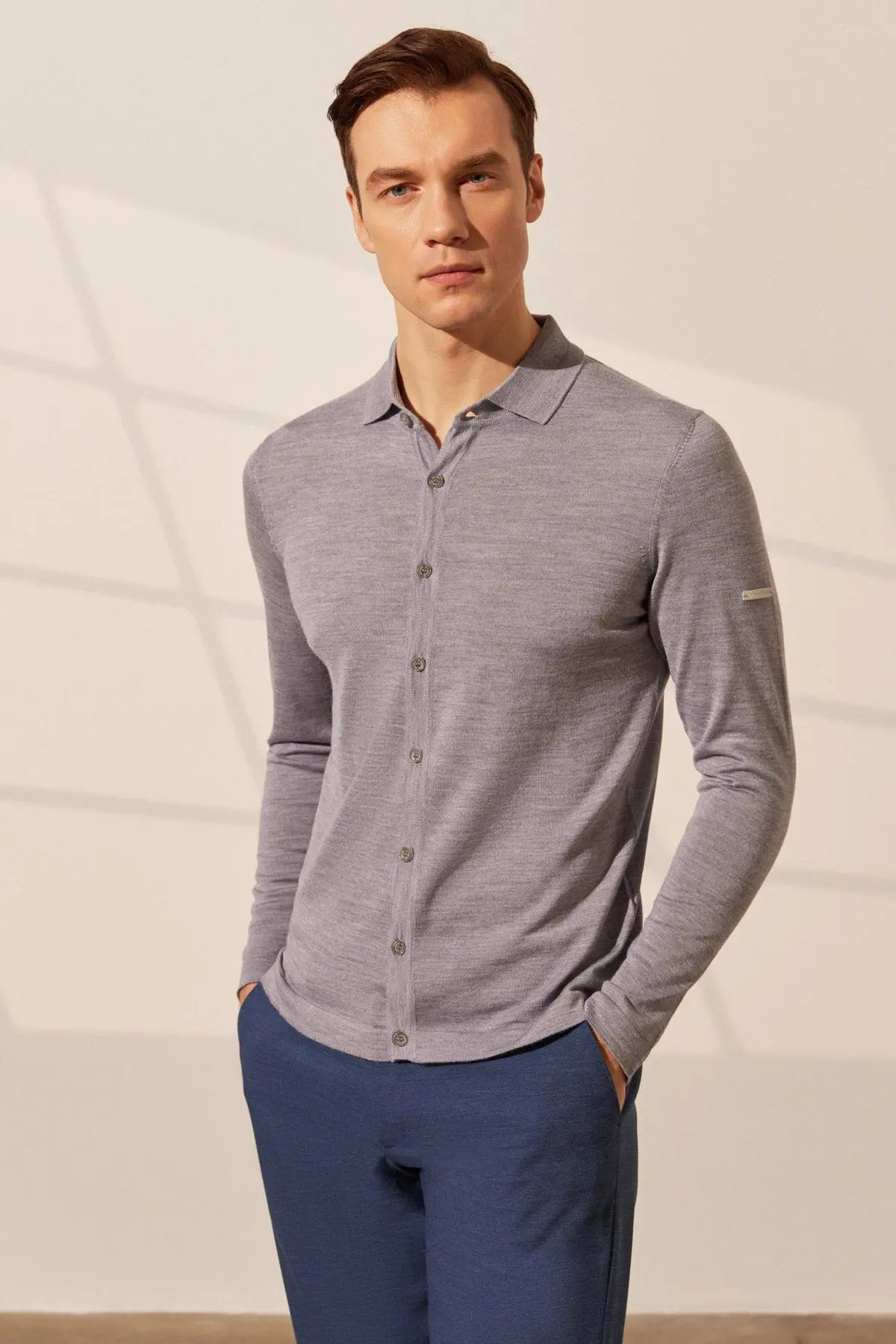 Açık Gri İpekli Quentin Uzun Kollu Polo Triko Erkek Gömlek Silk and Cashmere