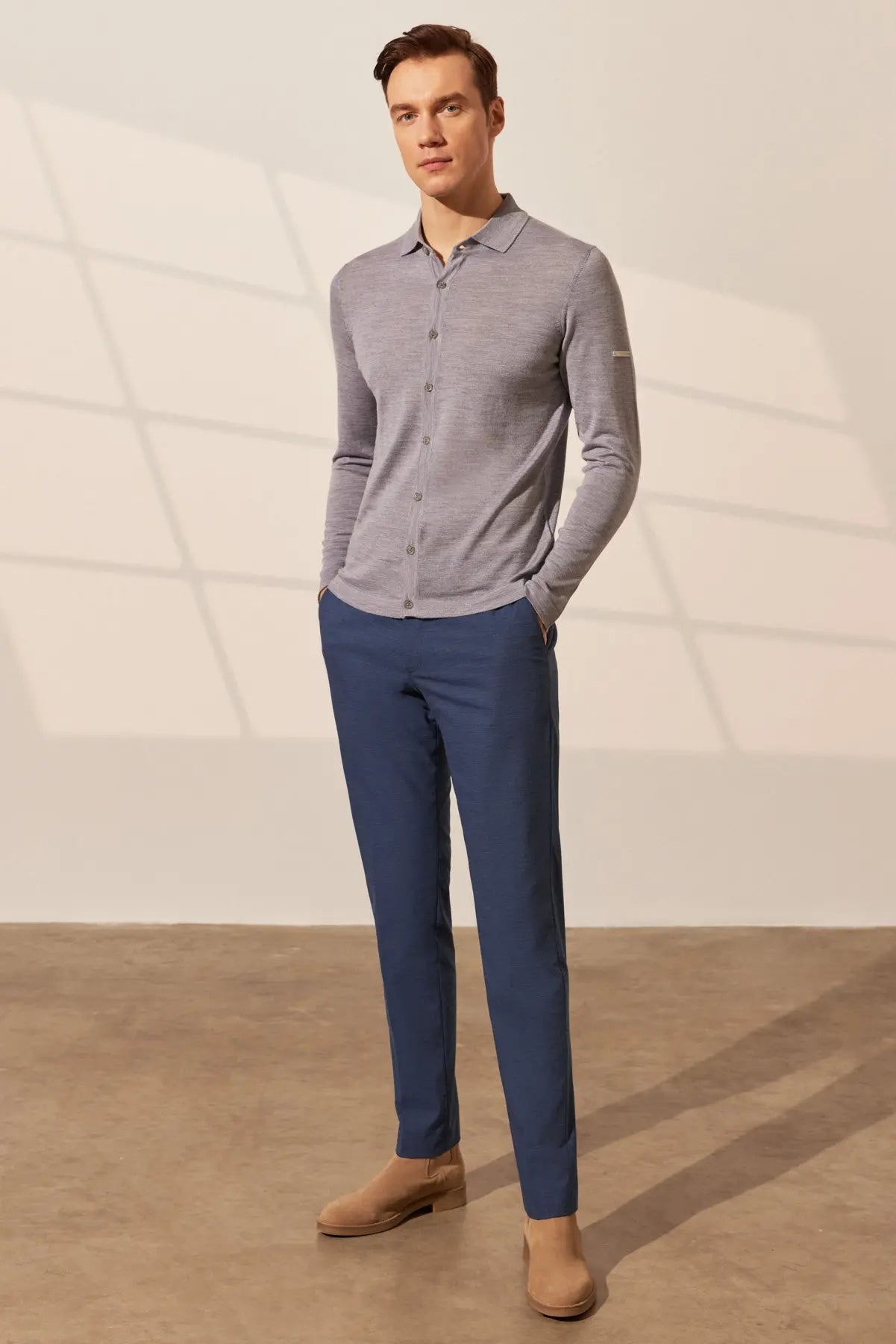 Açık Gri İpekli Quentin Uzun Kollu Polo Triko Erkek Gömlek Silk and Cashmere