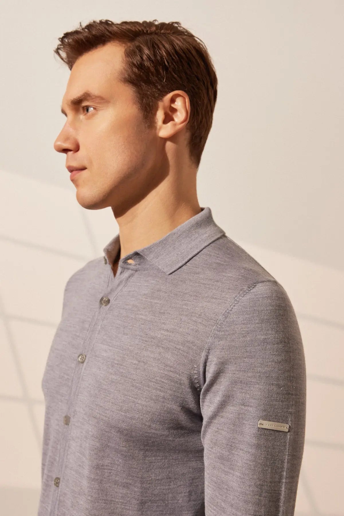 Açık Gri İpekli Quentin Uzun Kollu Polo Triko Erkek Gömlek Silk and Cashmere