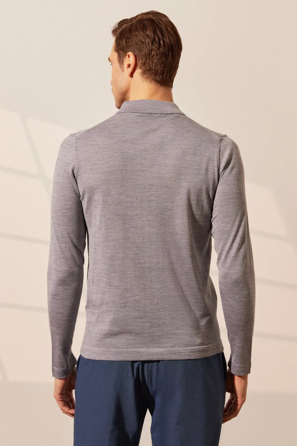 Açık Gri İpekli Quentin Uzun Kollu Polo Triko Erkek Gömlek Silk and Cashmere