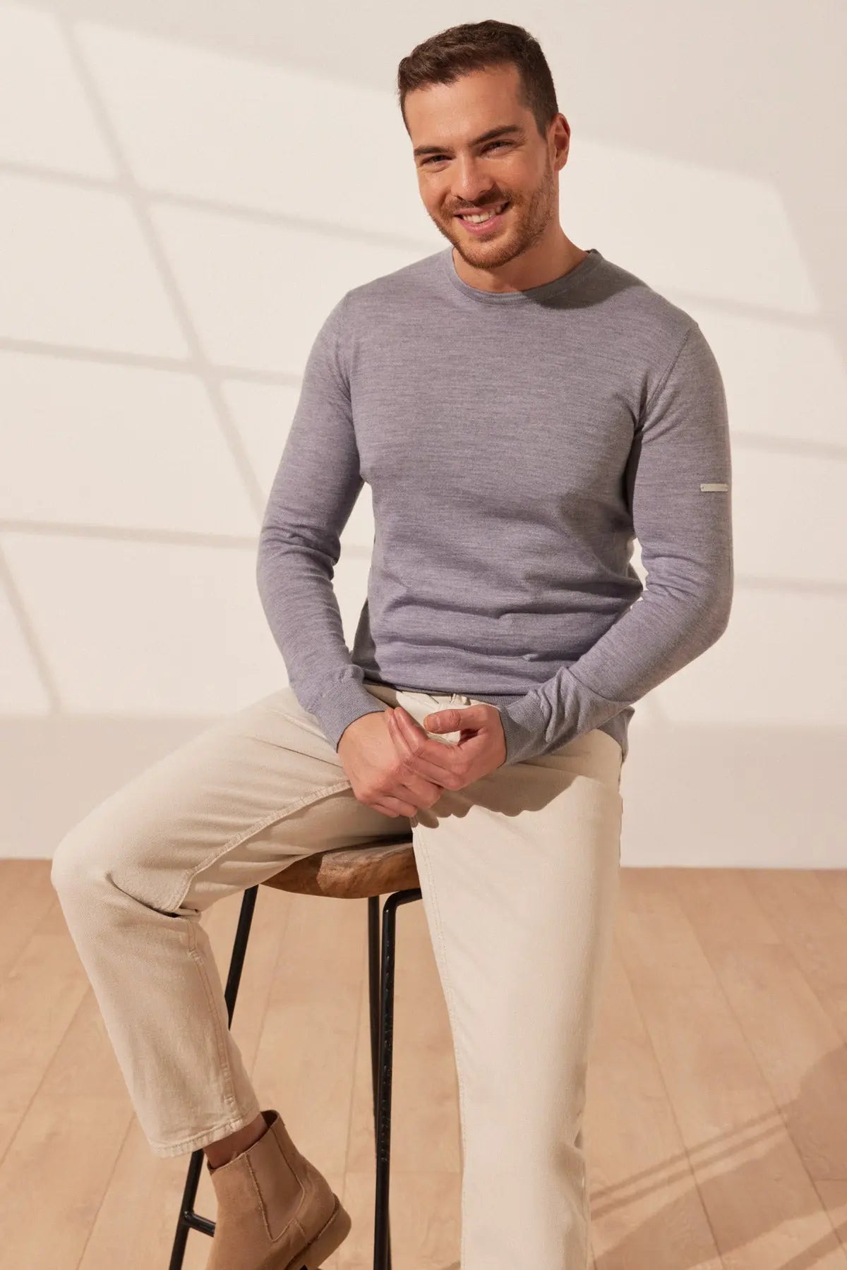 Açık Gri İpekli Quentin Yuvarlak Yaka Uzun Kollu Erkek Triko Silk and Cashmere