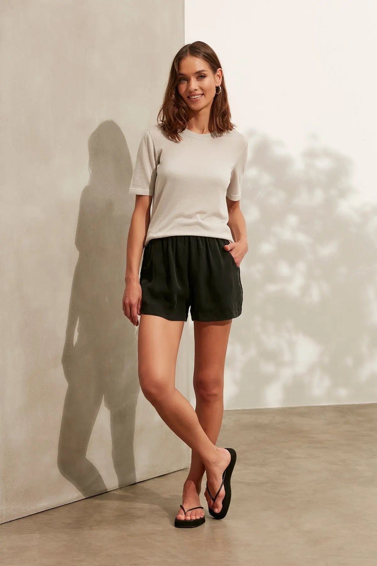 Açık Gri Kaşmirli Melinda Yuvarlak Yaka Kısa Kollu Triko Silk and Cashmere