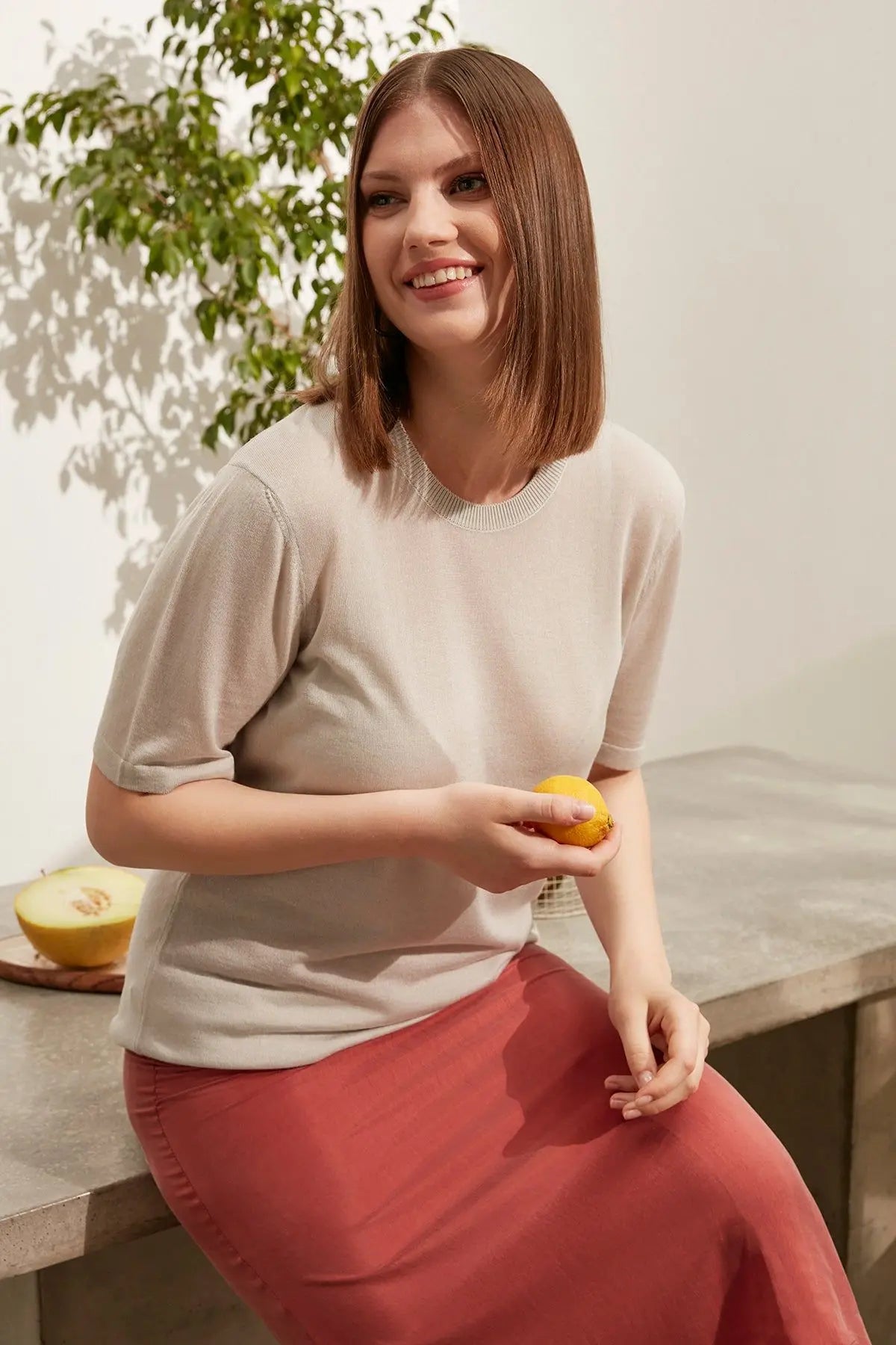 Açık Gri Kaşmirli Melinda Yuvarlak Yaka Kısa Kollu Triko Silk and Cashmere