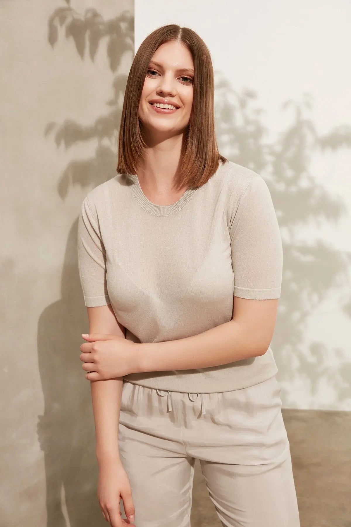 Açık Gri Kaşmirli Melinda Yuvarlak Yaka Kısa Kollu Triko Silk and Cashmere