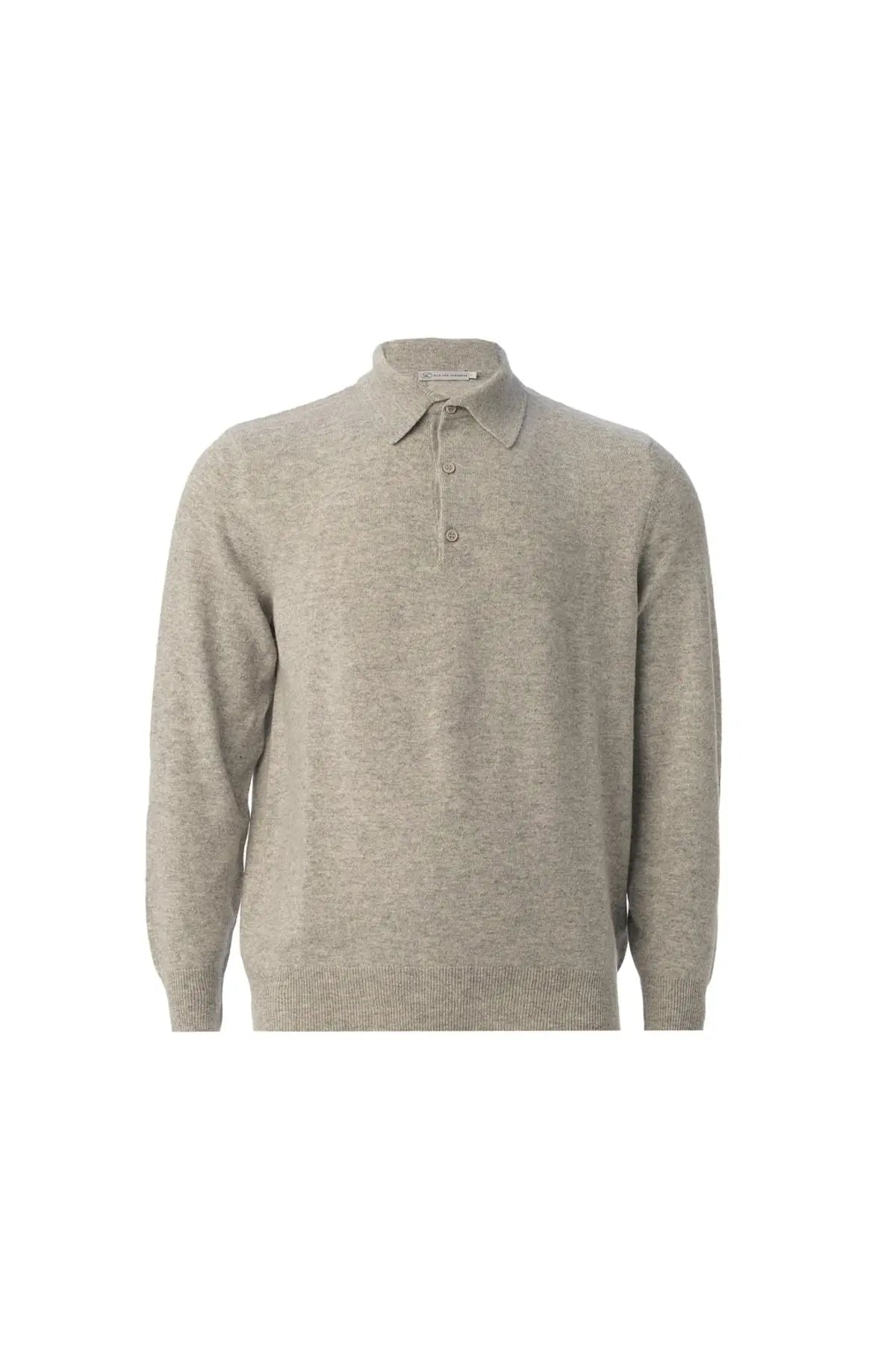 Açık Gri Melanj Saf Kaşmir Polo Yaka Uzun Kollu Erkek Kazak Silk and Cashmere