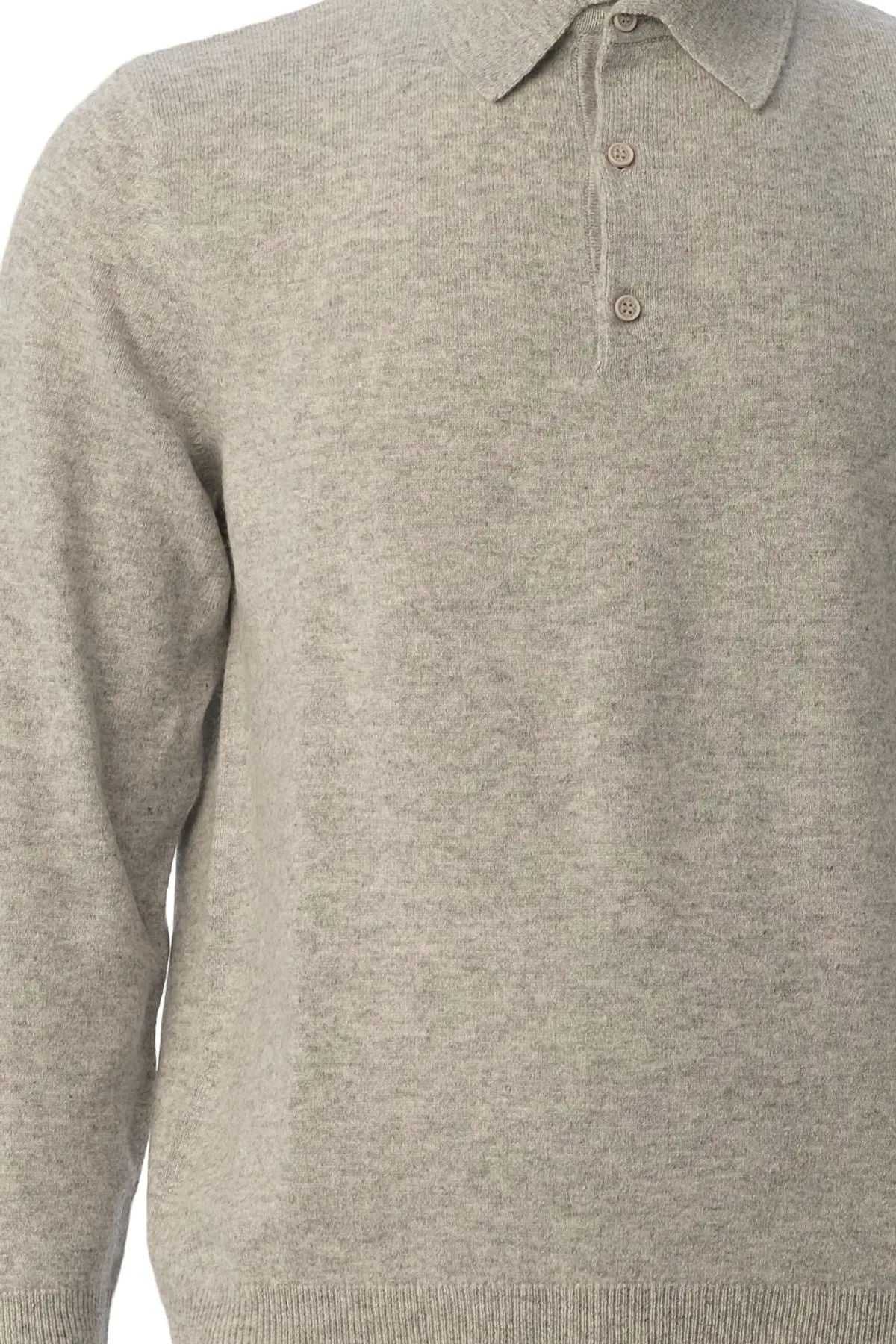 Açık Gri Melanj Saf Kaşmir Polo Yaka Uzun Kollu Erkek Kazak Silk and Cashmere