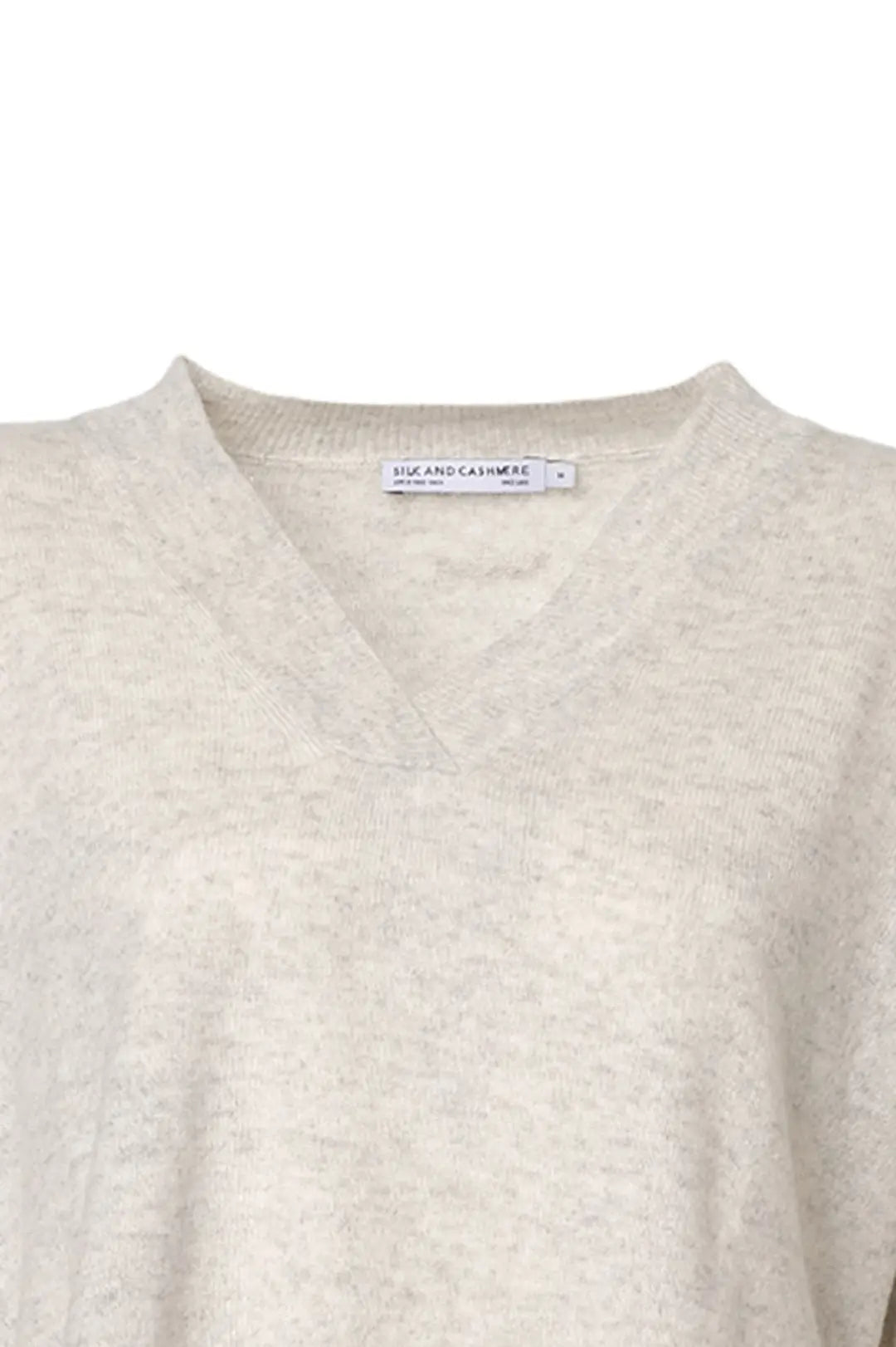 Açık Gri Saf Kaşmir Isabella Ribana Detaylı V Yaka Uzun Kollu Kadın Tunik Kazak Silk and Cashmere