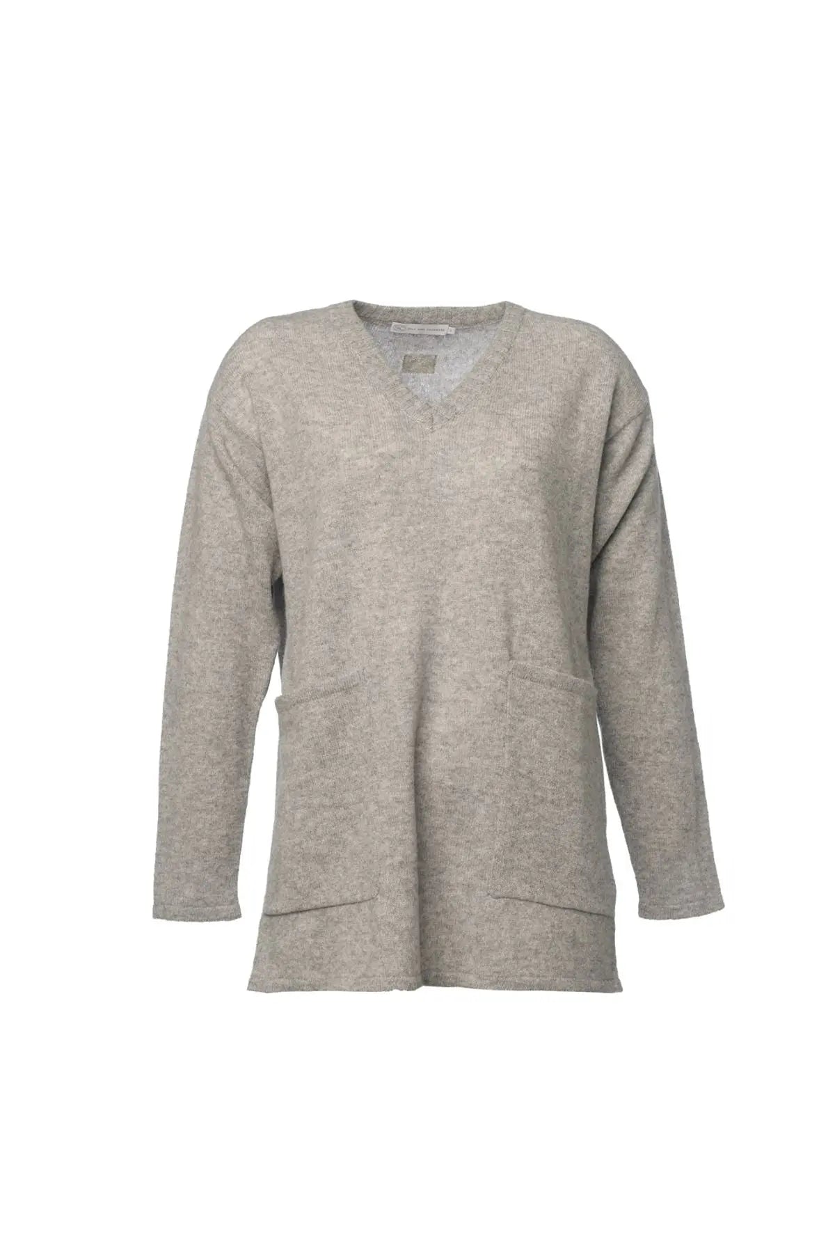 Açık Gri Saf Kaşmir V Yaka Uzun Kollu Cepli Kostir Tunik Silk and Cashmere