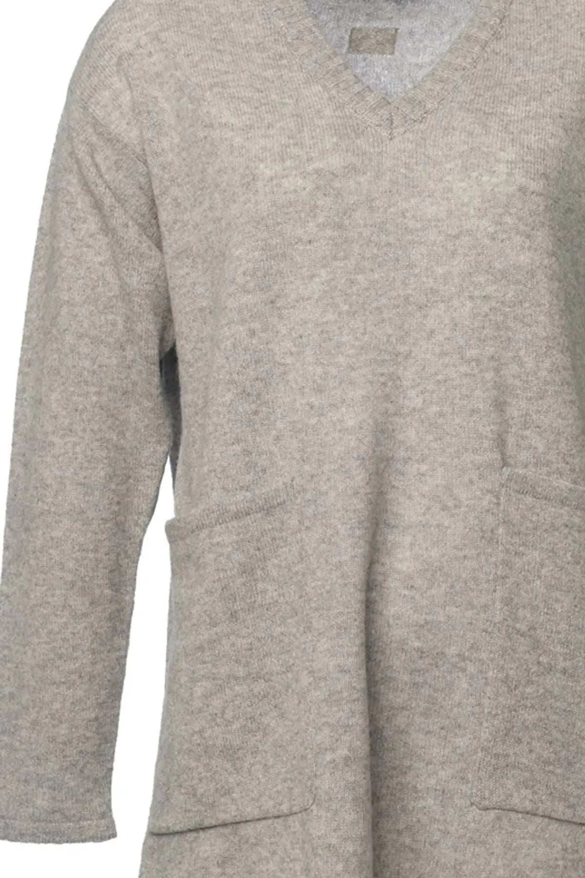 Açık Gri Saf Kaşmir V Yaka Uzun Kollu Cepli Kostir Tunik Silk and Cashmere