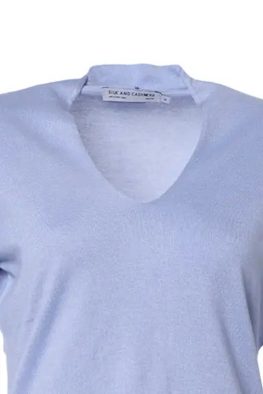 Açık Mavi İpek ve Kaşmir Aleyna V Yaka Uzun Kollu Kadın Triko Silk and Cashmere