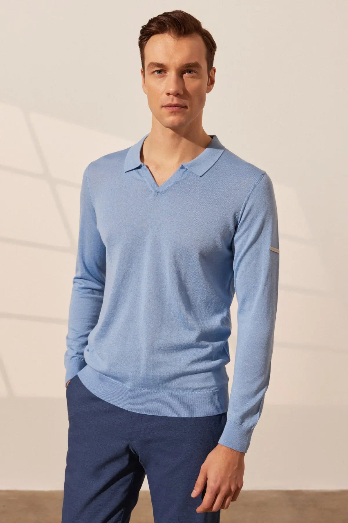 Açık Mavi İpekli Quentin Uzun Kollu Polo Erkek Triko Silk and Cashmere