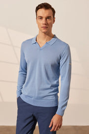 Açık Mavi İpekli Quentin Uzun Kollu Polo Erkek Triko Silk and Cashmere