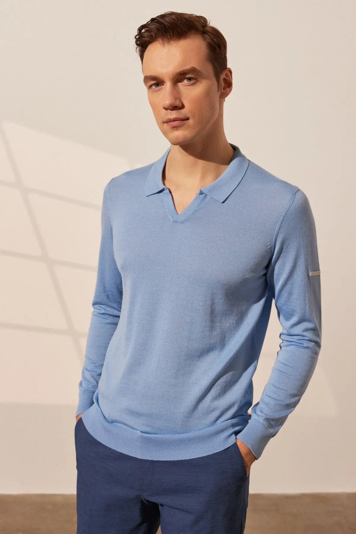 Açık Mavi İpekli Quentin Uzun Kollu Polo Erkek Triko Silk and Cashmere