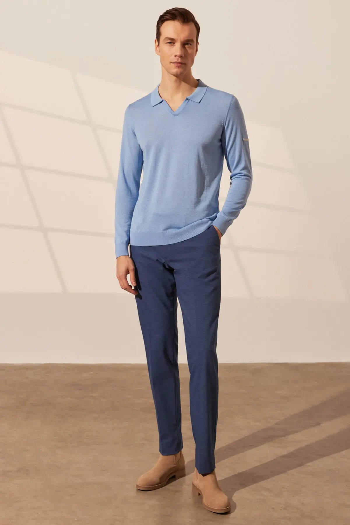 Açık Mavi İpekli Quentin Uzun Kollu Polo Erkek Triko Silk and Cashmere