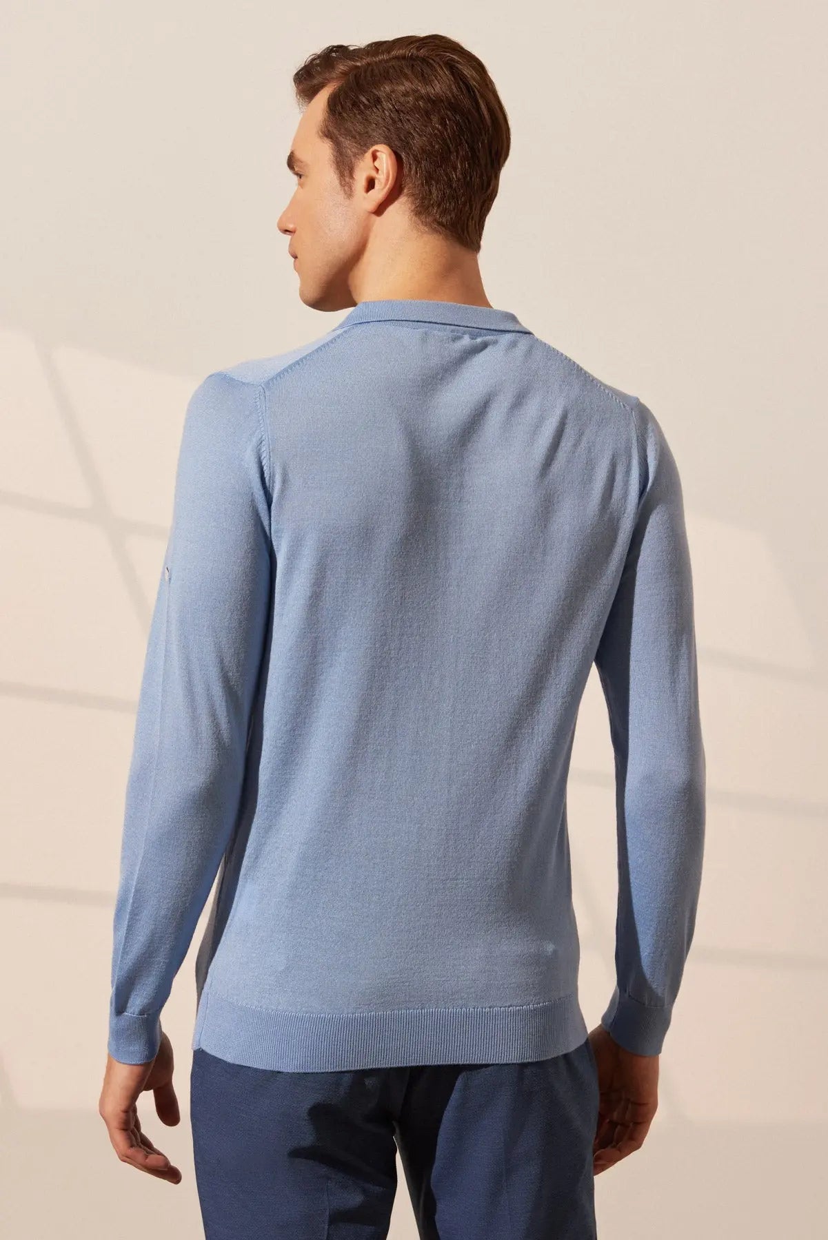 Açık Mavi İpekli Quentin Uzun Kollu Polo Erkek Triko Silk and Cashmere