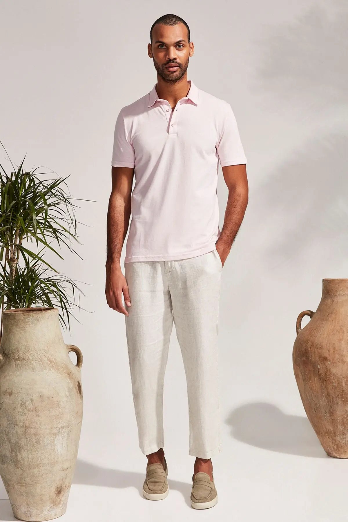 Açık Pembe İpekli Archie Erkek Pike Polo Silk and Cashmere