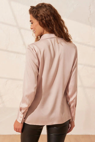 Açık Pembe Saf İpek Audrey Uzun Kollu Kadın Gömlek Silk and Cashmere