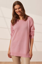 Pembe Kostir Saf Kaşmir Yuvarlak Yaka Uzun Kollu Kadın Tunik Kazak