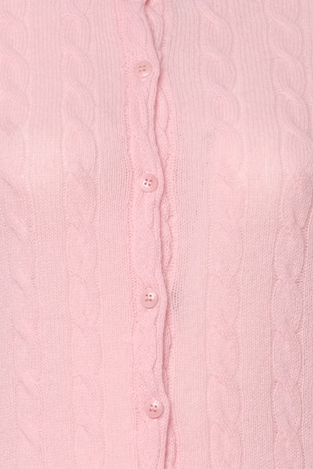 Pembe Amelia Avustralya Yünü Kaşmir Saç Örgülü Yuvarlak Yaka Uzun Kollu Kadın Hırka