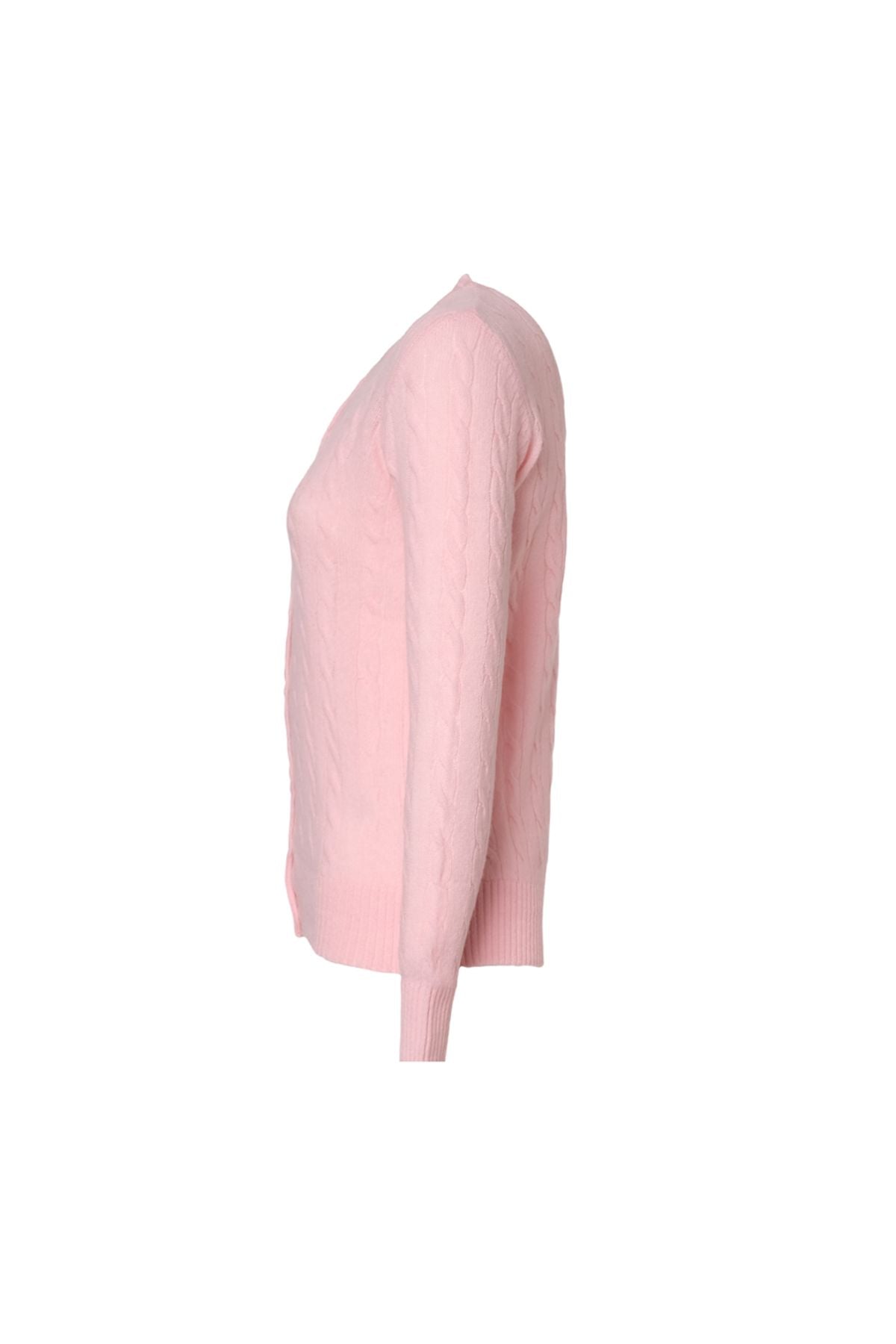 Pembe Amelia Avustralya Yünü Kaşmir Saç Örgülü Yuvarlak Yaka Uzun Kollu Kadın Hırka
