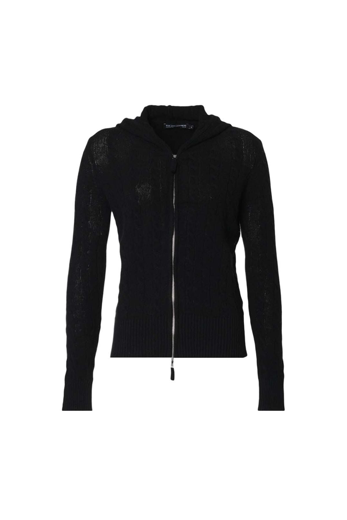 Siyah Amelia Avustralya Yünü Kaşmir Saç Örgülü Uzun Kollu Kadın Kapüşonlu Hırka