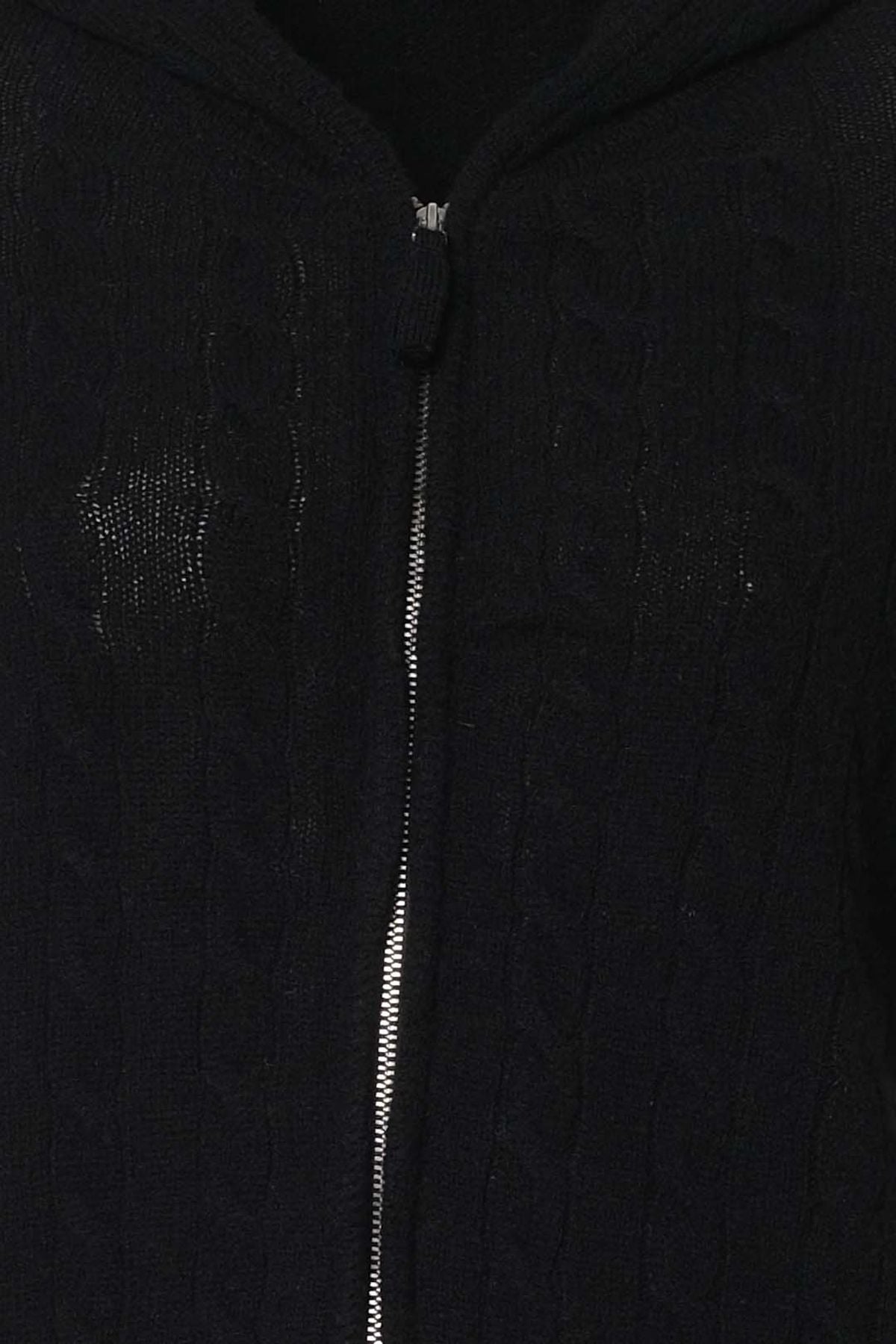 Siyah Amelia Avustralya Yünü Kaşmir Saç Örgülü Uzun Kollu Kadın Kapüşonlu Hırka