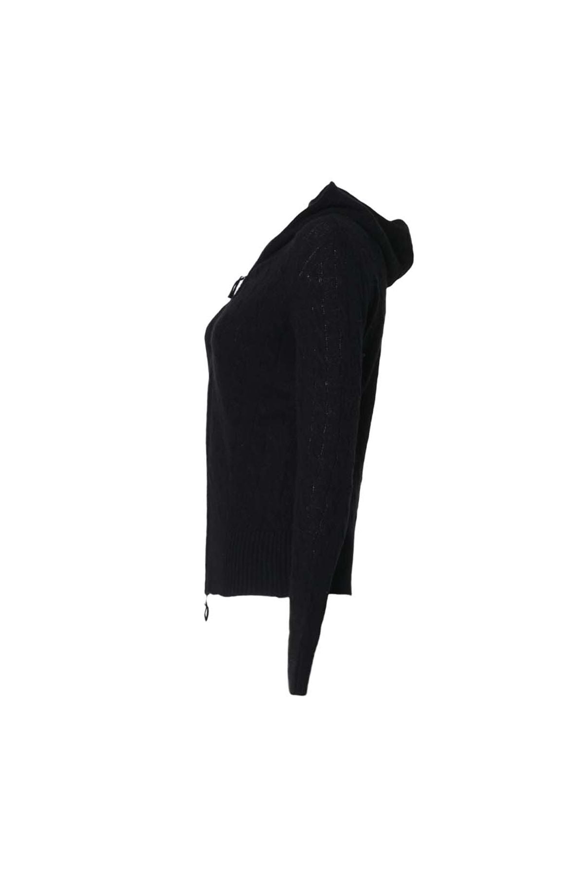 Siyah Amelia Avustralya Yünü Kaşmir Saç Örgülü Uzun Kollu Kadın Kapüşonlu Hırka