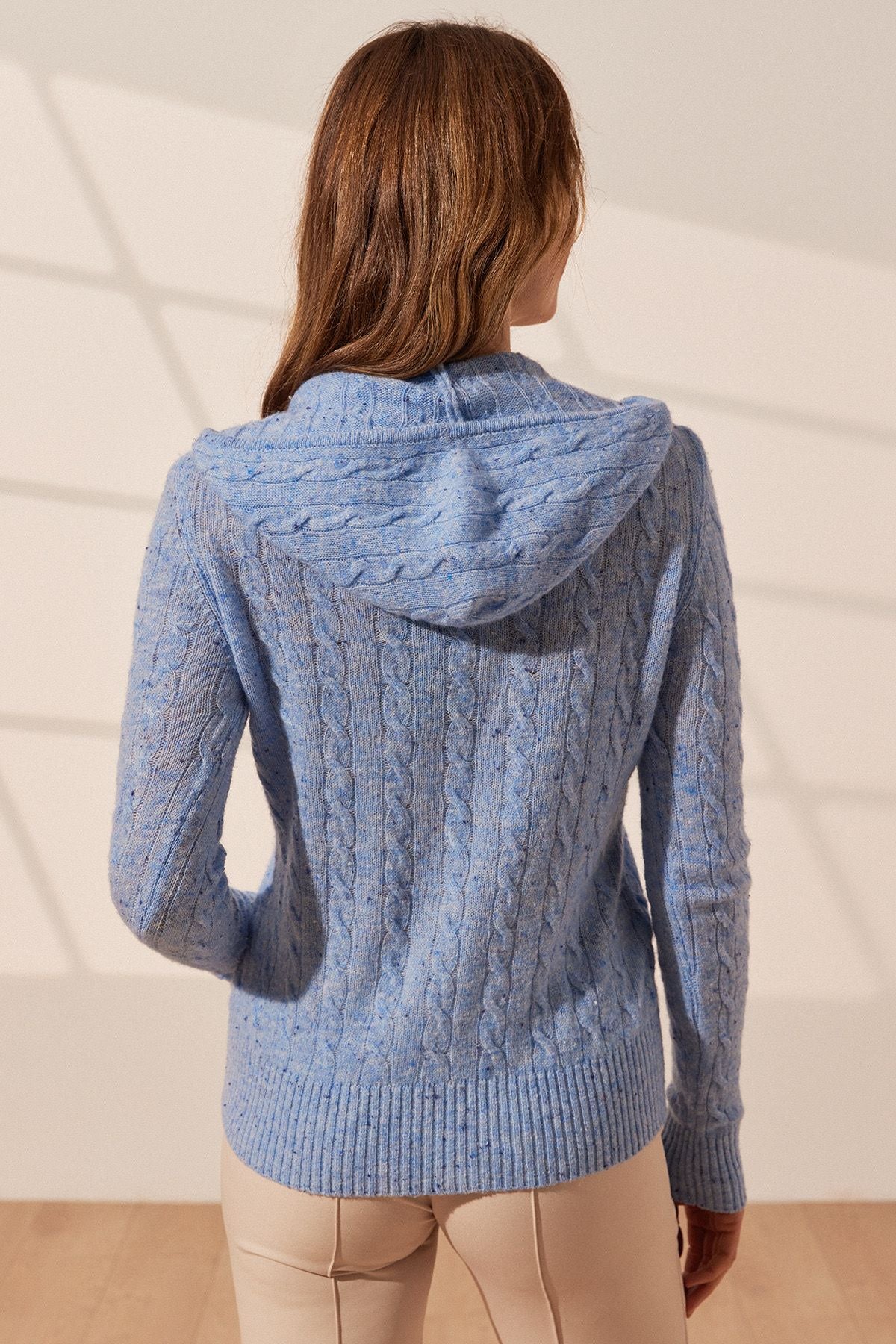 Mavi Amelia Avustralya Yünü Kaşmir Saç Örgülü Uzun Kollu Kadın Kapüşonlu Hırka