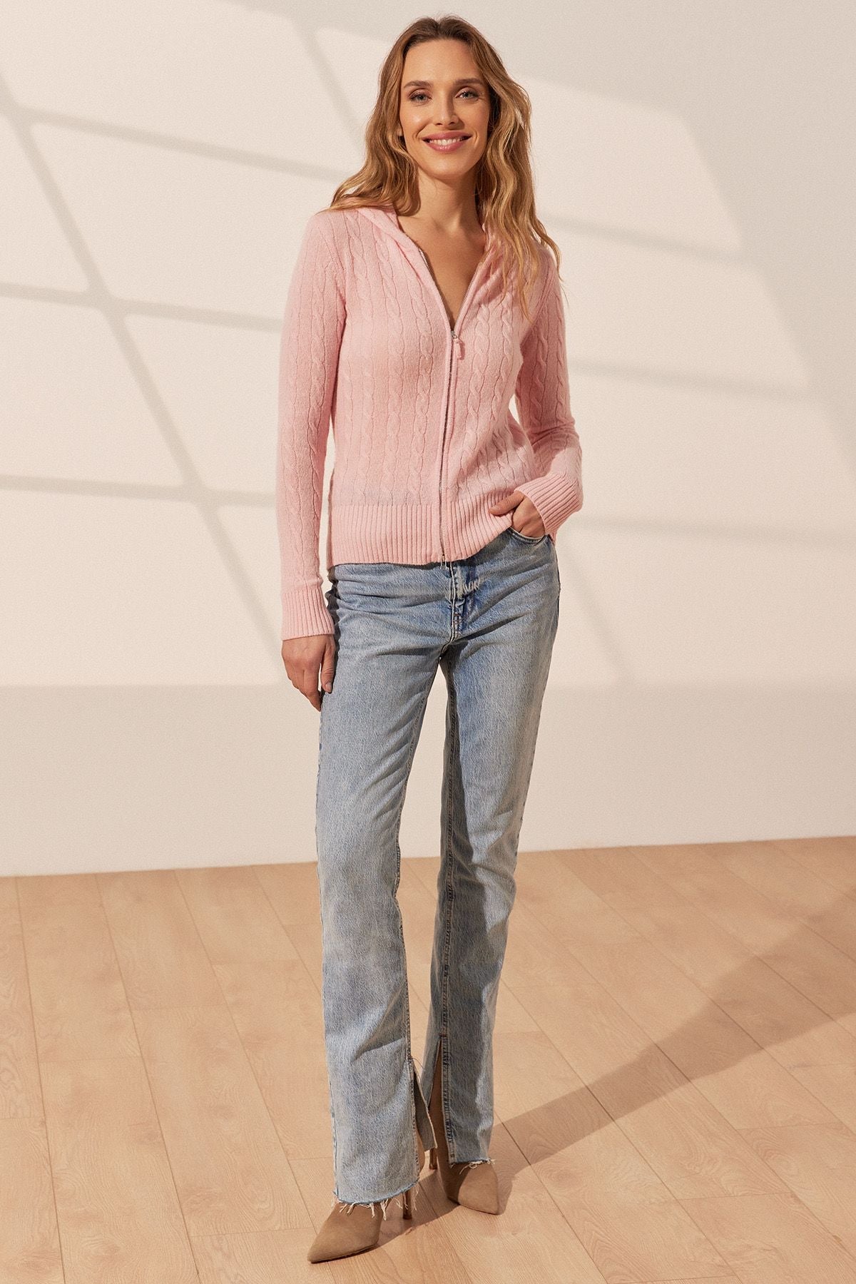 Pembe Amelia Avustralya Yünü Kaşmir Saç Örgülü Uzun Kollu Kadın Kapüşonlu Hırka