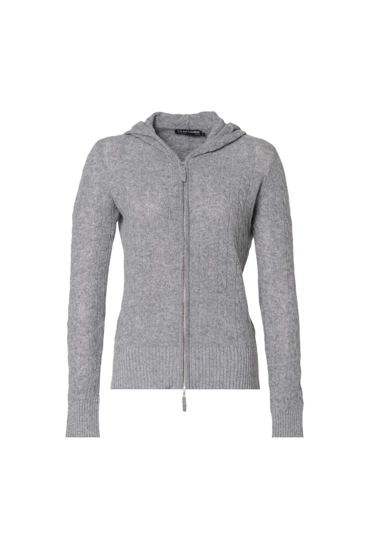 Orta Gri Melanj Amelia Avustralya Yünü Kaşmir Saç Örgülü Uzun Kollu Kadın Kapüşonlu Hırka