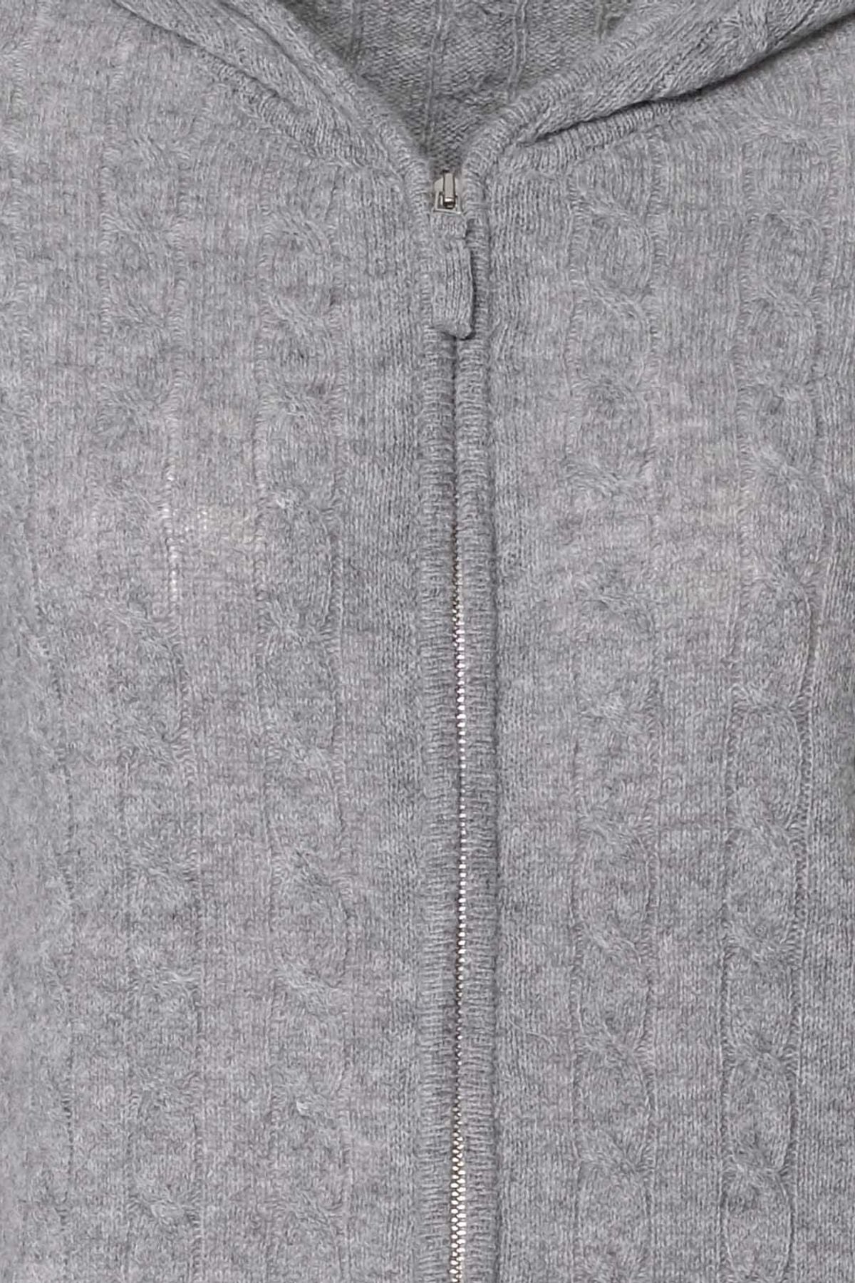 Orta Gri Melanj Amelia Avustralya Yünü Kaşmir Saç Örgülü Uzun Kollu Kadın Kapüşonlu Hırka