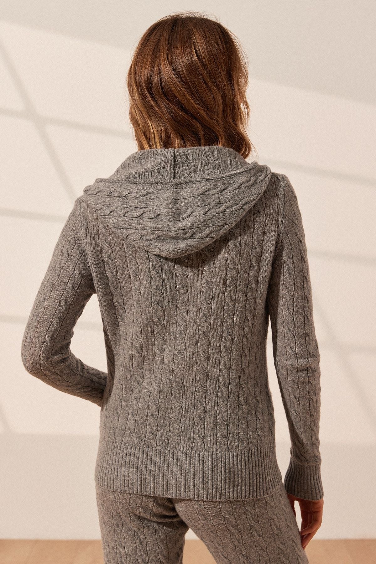 Orta Gri Melanj Amelia Avustralya Yünü Kaşmir Saç Örgülü Uzun Kollu Kadın Kapüşonlu Hırka