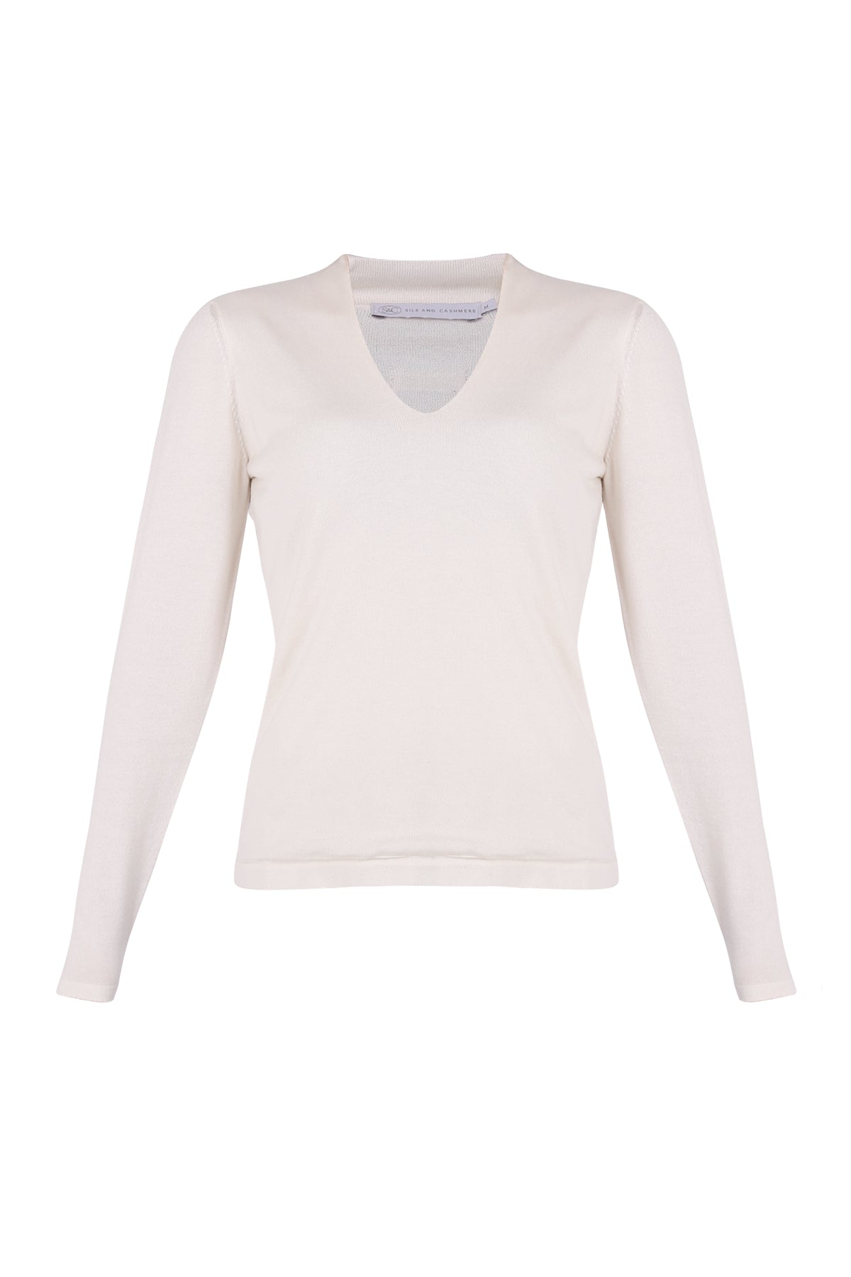 Ekru Aleyna İpek ve Kaşmir V Yaka Uzun Kollu Kadın Triko