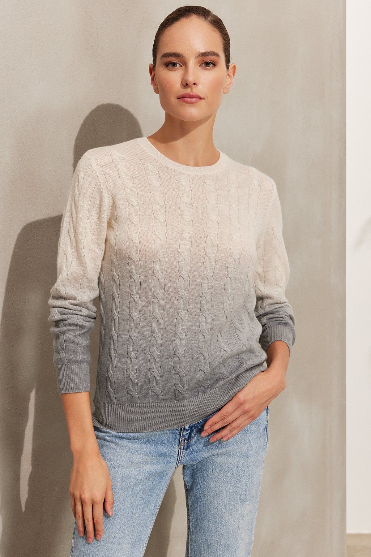 Açık Gri Amelia Kaşmir Yün Saç Örgülü Degrade Yuvarlak Yaka Uzun Kollu Kazak