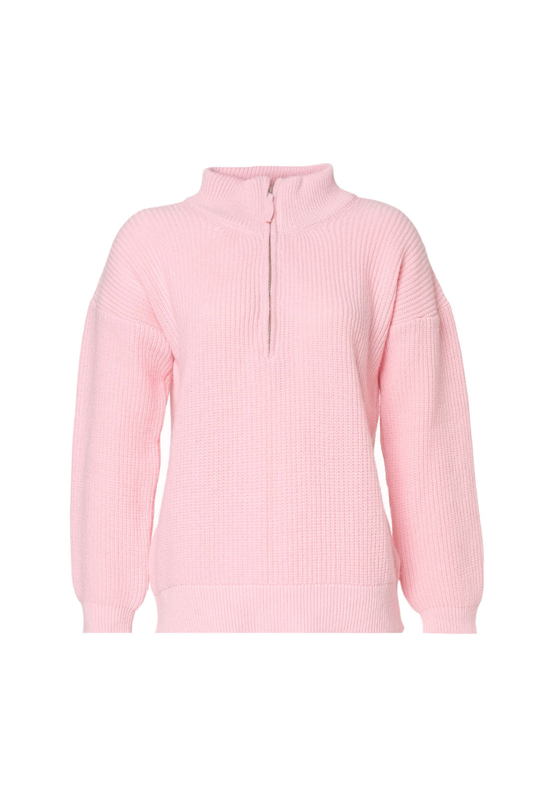 Pembe Aurora Avustralya Yünü Kaşmir Ribana Örgülü Fermuarlı Uzun Kollu Kadın Kazak