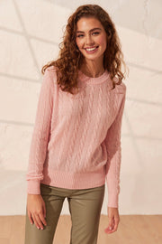 Pembe Amelia Avustralya Yünü Kaşmir Saç Örgülü Yuvarlak Yaka Uzun Kollu Kadın Kazak