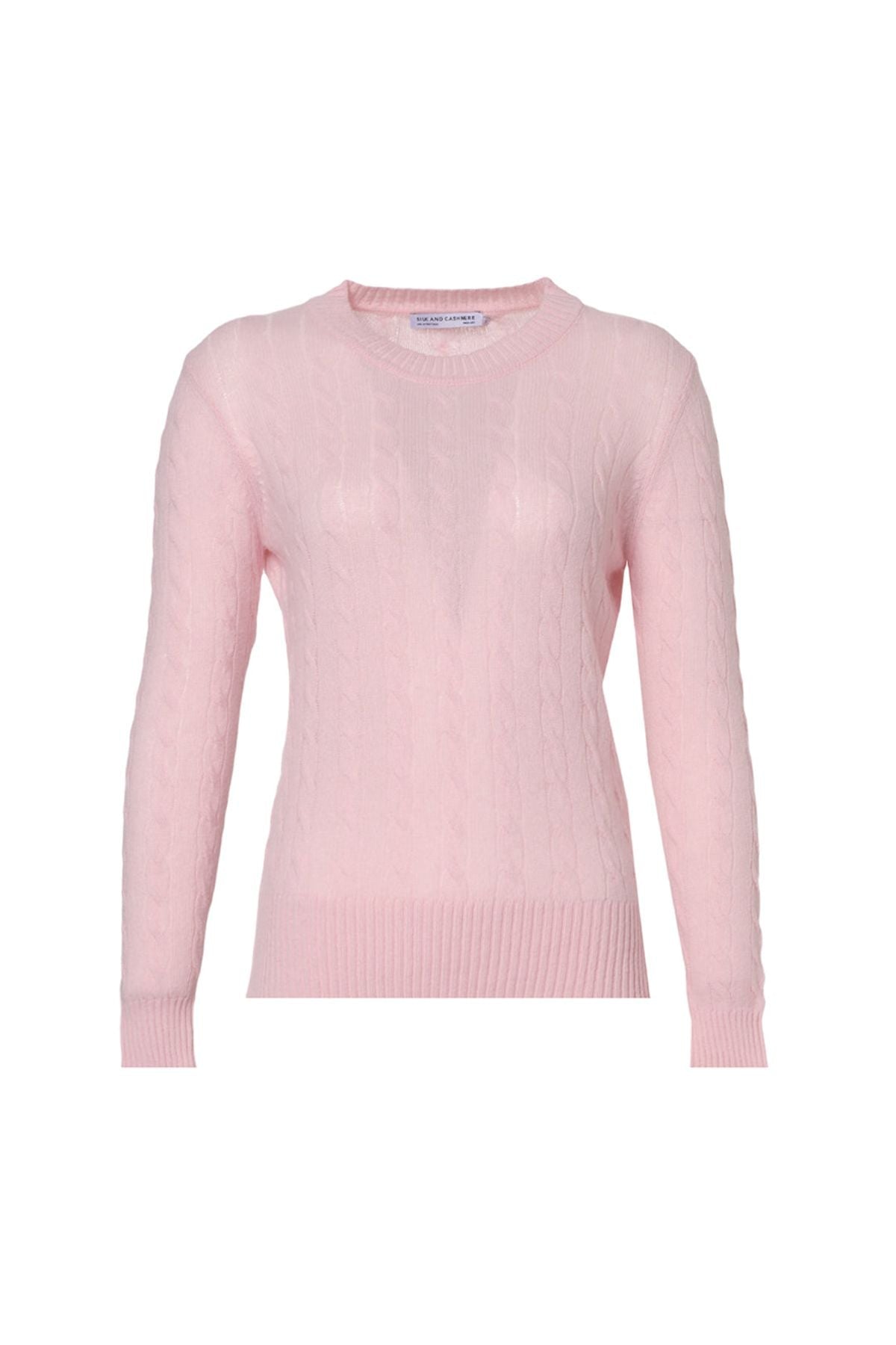 Pembe Amelia Avustralya Yünü Kaşmir Saç Örgülü Yuvarlak Yaka Uzun Kollu Kadın Kazak