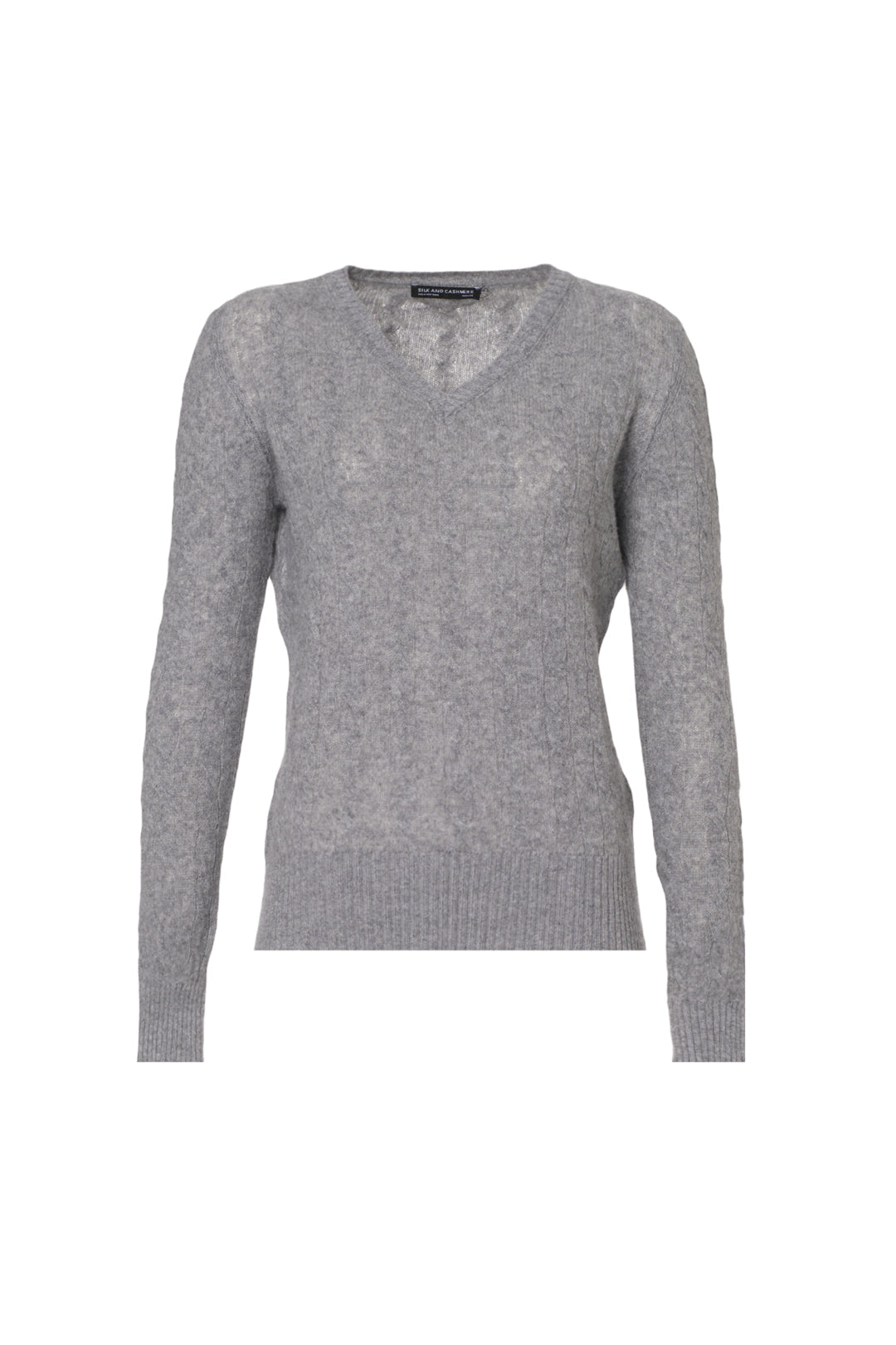 Orta Gri Melanj Amelia Avustralya Yünü Kaşmir Saç Örgülü V Yaka Uzun Kollu Kadın Kazak