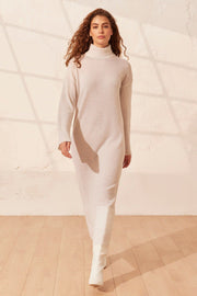 Ekru Tricennial Saf Kaşmir Balıkçı Yaka Uzun Kollu Kadın Elbise