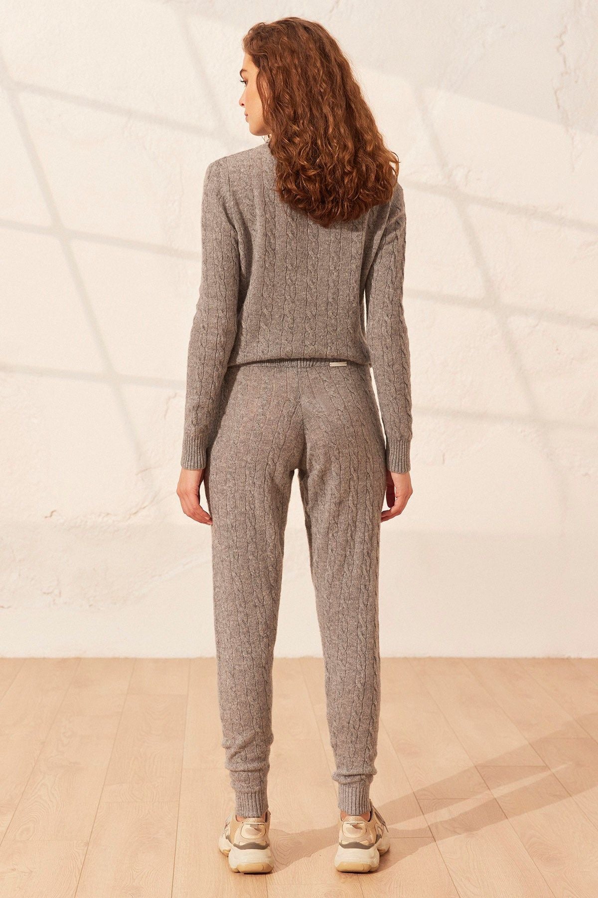 Orta Gri Melanj Amelia Avustralya Yünü Kaşmir Saç Örgülü Kadın Triko Pantolon