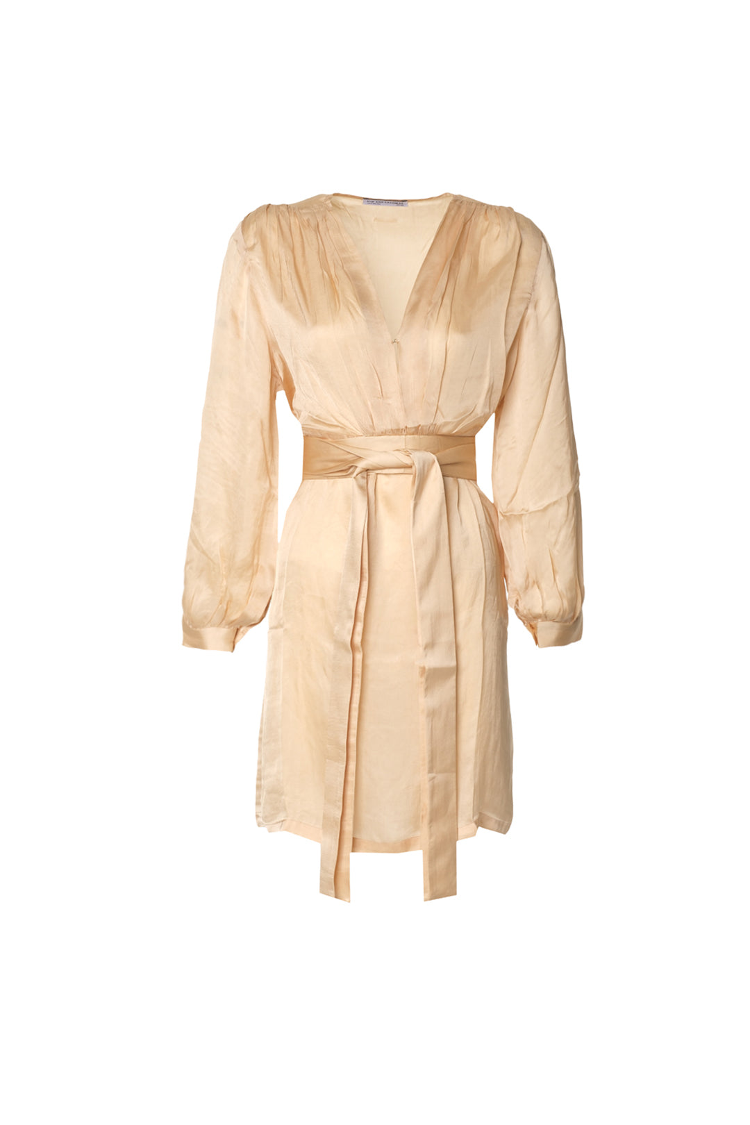 Bej Jas Cupro V Yaka Uzun Kollu Elbise