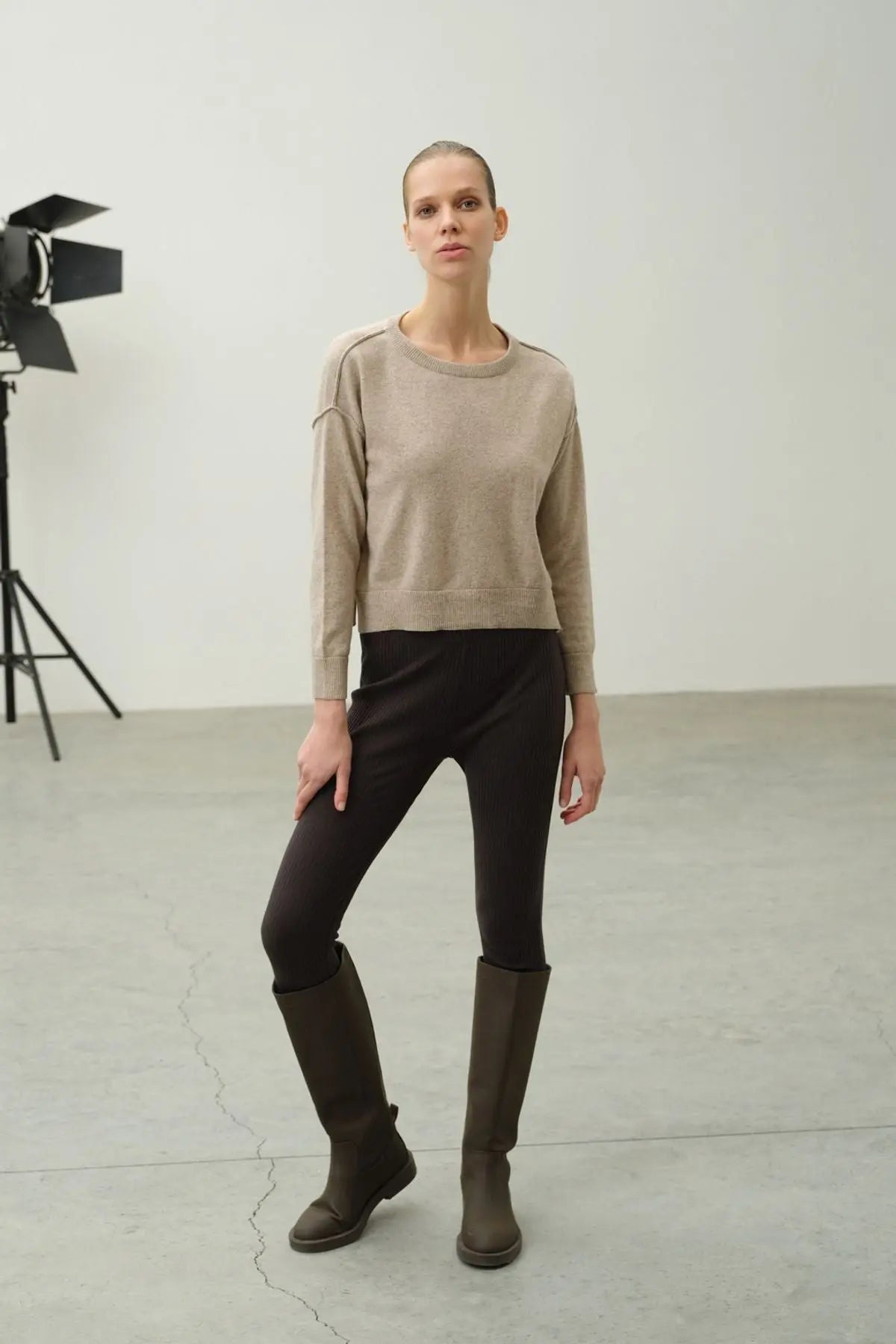 Bej Carole Dikiş Detaylı Yuvarlak Yaka Uzun Kollu Kazak Silk and Cashmere