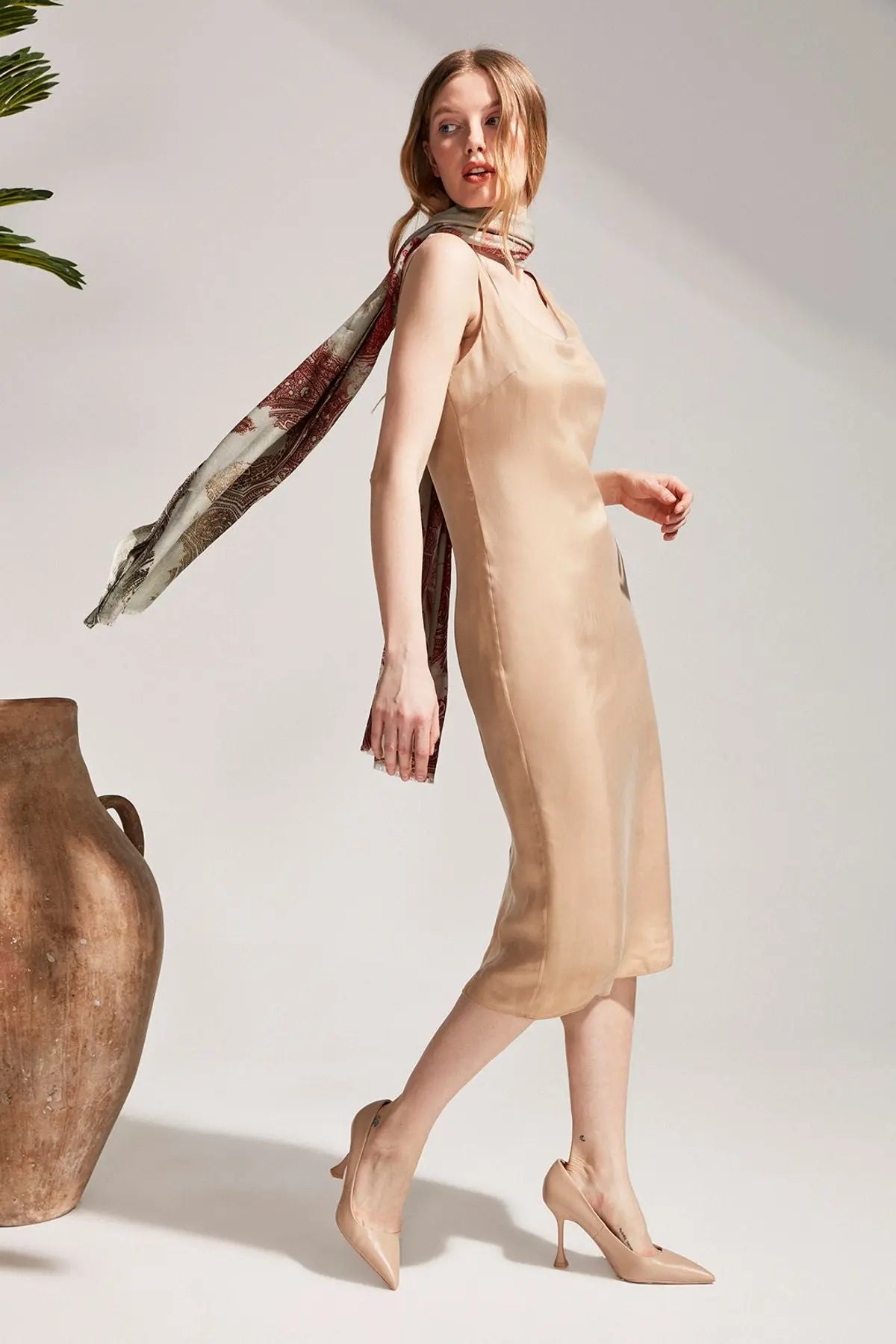 Bej Clara Kolsuz Uzun Elbise Silk and Cashmere