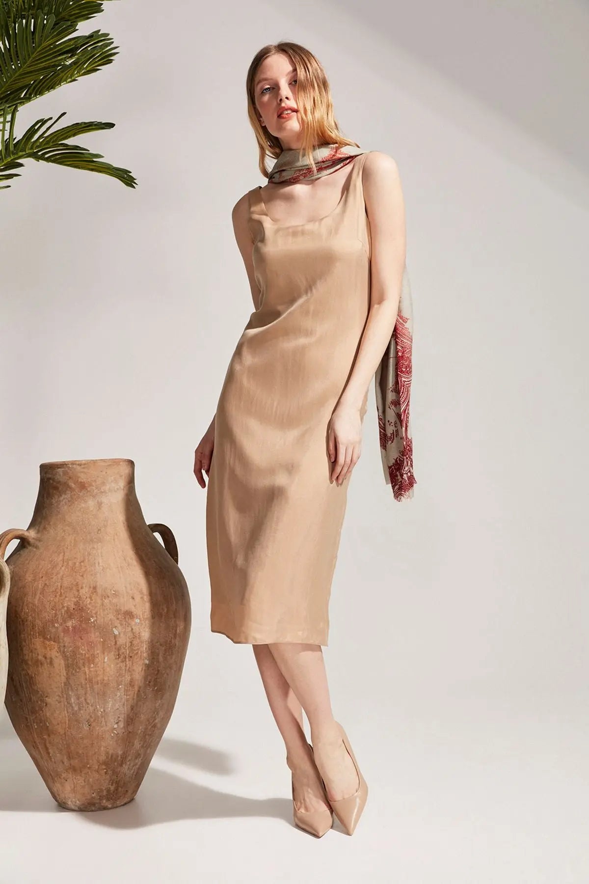 Bej Clara Kolsuz Uzun Elbise Silk and Cashmere