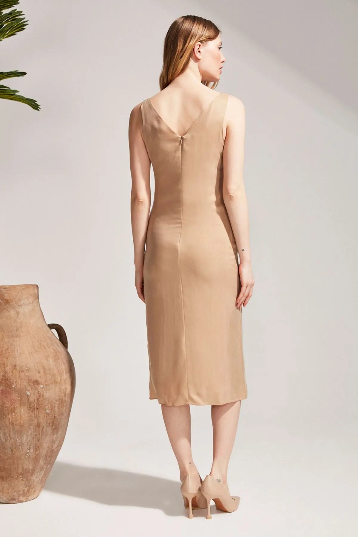 Bej Clara Kolsuz Uzun Elbise Silk and Cashmere